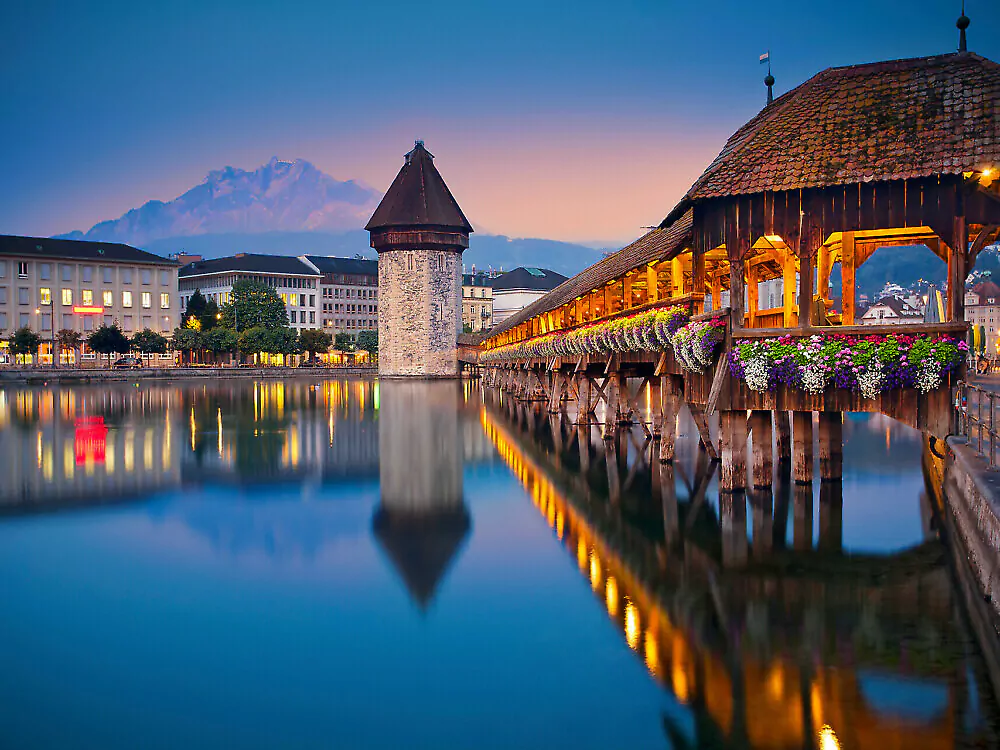 lucerne. image of lucerne, switzerland during twilight blue hour